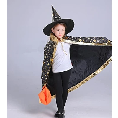 Afbeelding van BOBOZHONG Halloween tovenaarscape, tovenaarscape met hoed, kostuumaccessoires voor cosplay feest kinderen (zwart)
