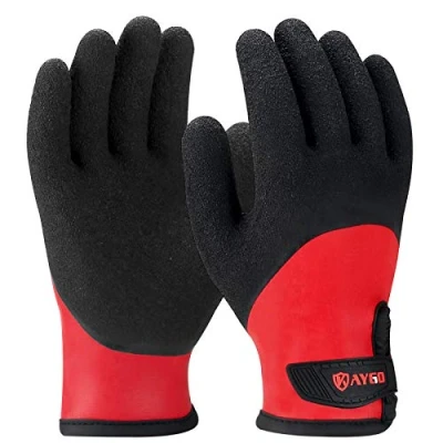 Afbeelding van KAYGO Waterdichte en koude winterwerkhandschoenen, dubbele voering, thermische werkhandschoenen met latexcoating, ideaal voor winterwerk in magazijnen