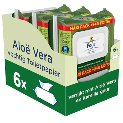 Afbeelding van Page Aloë Vera Maxipack vochtig toiletpapier, 444 stuks (6 x 74 stuks), voordeelverpakking