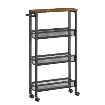 Afbeelding van VASAGLE LRC032B01V1 Karretje met 4 niveaus, smalle keukenkar, nicherek, keukenrek op wielen, stalen frame, handgreep, voor kleine ruimtes, keuken, badkamer, woonkamer, kantoor, vintage bruin zwart
