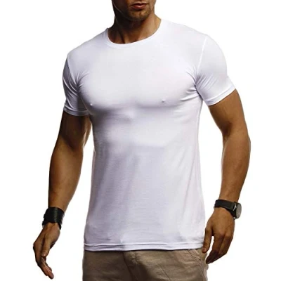 Afbeelding van Leif Nelson T shirt heren zomer ronde hals slim fit katoen Wit zwart basic korte mouwen LN8314,