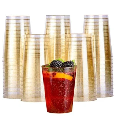 Afbeelding van MATANA 50 Harde Plastic Feestbekers met Gouden Glitter voor Verjaardagen, Bruiloften, Doopfeesten, Kerstmis (280 ml) Elegant, Stevig en Herbruikbaar