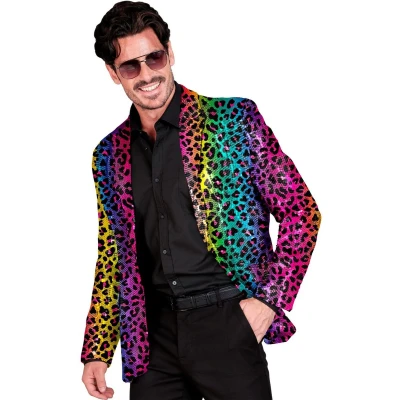 Afbeelding van Widmann Grappig &amp; Fout Kostuum Pailletten Kleuren Feest Luipaard Colbert Man Multicolor XXL Carnavalskleding Verkleedkleding