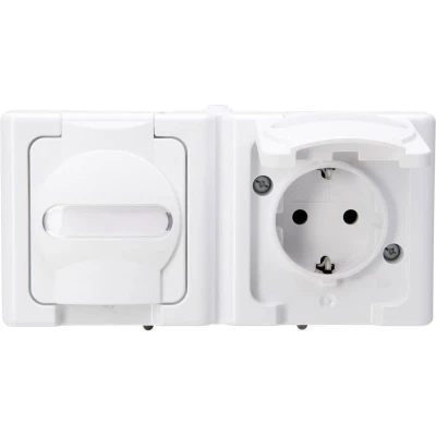 Afbeelding van Kopp 131202003 BlueElectric Compleet Wandcontactdoos met randaarde en klapdeksel spatwaterdicht Arctisch wit 2 voudig