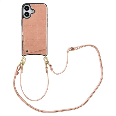 Afbeelding van Selencia Hoesje Geschikt voor iPhone 16 met Pasjeshouder Nova Croco Backcover koord en pashouder Roze