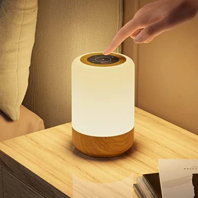 Afbeelding van Led nachtlampje, touch dimbaar, tafellamp, werkt op batterijen, 8 kleuren, 3 modi, houtnerf, accu, USB oplaadbaar, met timerfunctie, voor slaapkamer en woonkamer