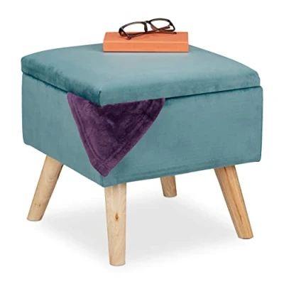 Afbeelding van Relaxdays Opbergkruk, gewatteerd, vierkant, houten poten, woonkamer, 40 x cm, turquoise
