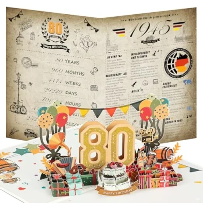 Afbeelding van Joyoldelf Verjaardagskaart voor 80e verjaardag, dagboek 1945, 3D pop up wenskaart met envelop, vintage verjaardagscadeau mannen en vrouwen