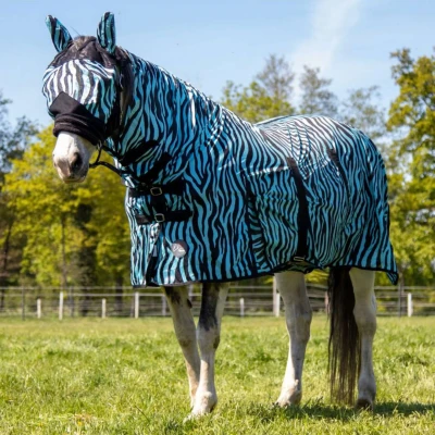Afbeelding van HKM Vliegendeken Zebra met Hals Aqua/Zwart 135/185