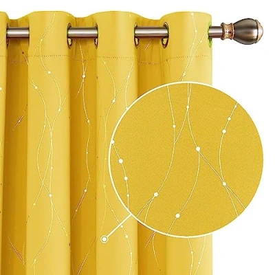 Afbeelding van Deconovo Thermo gordijnen voor woonkamer, ondoorzichtig met oogjes, verduisterend, warmte isolerend, keuken, slaapkamer, 117 x 138 cm (b h), citroengeel, 2 stuks