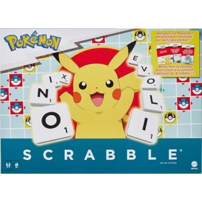 Afbeelding van Mattel Games Scrabble Pokémon, familieletterspel met twee speelmogelijkheden, bevat 50 uitdagingskaarten Pokémon figuren, voor 2 tot 4 spelers, HXT27