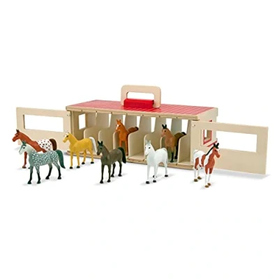 Afbeelding van De draagbare stal voor showpaarden van Melissa &amp; Doug (speelset, bevordert creatief leren, 8 speelgoedpaarden, geweldig cadeau meisjes en jongens ideaal kinderen 3, 4, 5 jaar ouder)