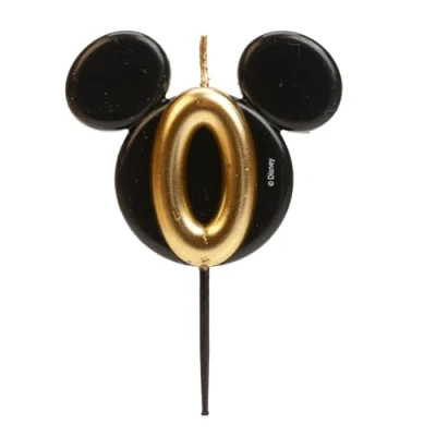 Image de dekora Décoration de bougie d&#039;anniversaire Mickey Mouse Bougies Disney en cire paraffine sans parfum noires et dorées avec oreilles Taille 8,5 cm Numéro 0