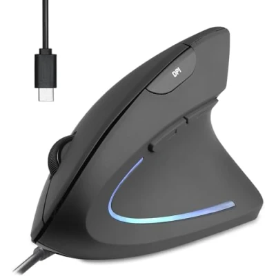 Afbeelding van Perixx PERIMICE 513C verticale muis, bekabeld, USB C, 6 toetsen, 1000/1600 dpi, design voor rechtshandigen, type C kabel, 1,8 m, zwart