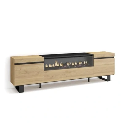Afbeelding van Skraut Home tv kast, bank, grote opbergruimte, 200 x 57 35 cm, voor tv&#039;s tot 80 inch, elektrische open haard, industrieel design, moderne stijl, eiken en zwart