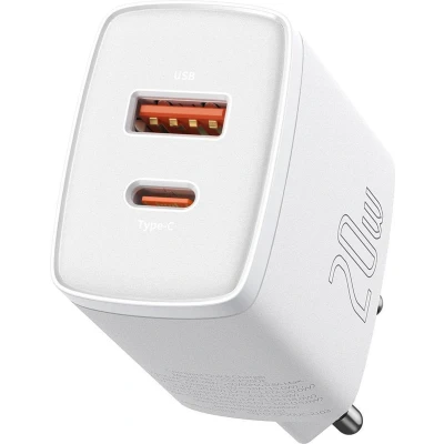 Afbeelding van Baseus Compact Oplader met 1 USB A en C aansluiting 20W wit PD3.0 Power Delivery QC3.0 Qualcomm Quick Charge