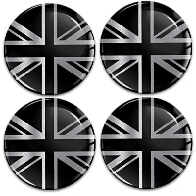 Afbeelding van Biomar Labs® 4 x 60 mm 3D sticker Britse vlag VK GB UK Union Jack Zwart Zilver Siliconen voor Naafdoppen Wieldoppen Embleem A 10860