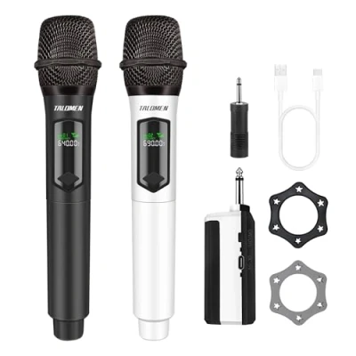 Afbeelding van Talomen Professionele draadloze microfoon, dual microfoonsysteem met 2,4 GHz, dynamisch, oplaadbaar, ontvanger, 160 ft buiten, ideaal voor karaoke, zangen, feesten, avonden, dj&#039;s, kerken,