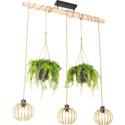 Afbeelding van QAZQA Landelijke hanglamp goud met hout 3 lichts Yura