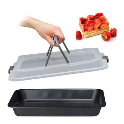 Afbeelding van bakvorm met deksel taart en cake meenemen 3 in 1 40 x 32,5 cm bakblik transportbox zwart grijs