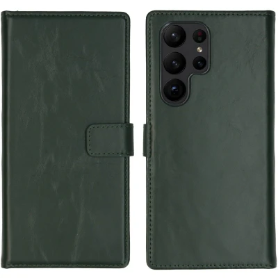 Afbeelding van Selencia Hoesje Geschikt voor Samsung Galaxy S23 Ultra Met Pasjeshouder Echt Lederen Bookcase Groen