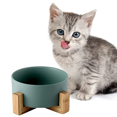 Afbeelding van SPUNKYJUNKY Voer , en drinkbak van keramiek met standaard bamboe voor katten honden (400 ml, groen 1)