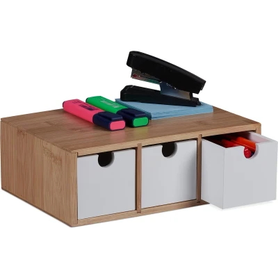 Afbeelding van Relaxdays bureau organizer met 3 lades kleine bamboe mini ladeblok badkamer