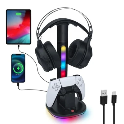 Afbeelding van Tolesum Oplader Headset Stand voor PS5 Controller, RGB houder DualSense &amp; Edge met 2 USB poorten, zwart