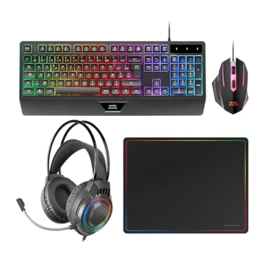Afbeelding van MARSGAMING MCP124PRO 4 in 1 gaming combo, H Mech RGB toetsenbord met polssteun, 3200 DPI muis en HUANO schakelaars, FRGB hoofdtelefoon, 36 x 26 cm nanotextiel muismat, multiplatform,