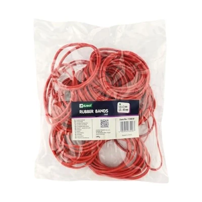 Afbeelding van D.RECT Elastieken 100 g zak 50 mm diameter en 3 brede rubberen ringen voor thuis, werk, kantoor, herbruikbaar, duurzaam, stabiel, rood