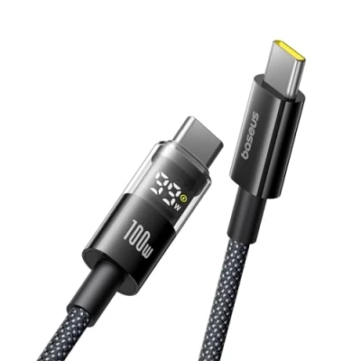 Afbeelding van Baseus USB C kabel met digitaal display, 100 W Type naar snellaadkabel 480 Mbps, gevlochten draad, compatibel iPhone 16/16Pro/16Pro Max/15, Samsung S24U, Macbook, Surface Laptop, 1 m