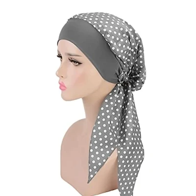 Afbeelding van JUHONNZ Chimio tulband voor vrouwen, satijnen hoofdsjaal katoenen tulbandpet elastische hoofdbedekking chiffon bandana pet vrouwen (grijze stip)