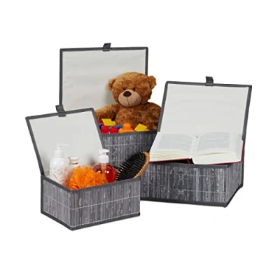 Afbeelding van Relaxdays opbergmand set van 3 bamboe manden badkamer opbergbox grijs