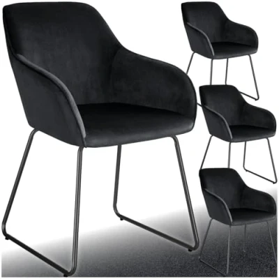 Afbeelding van tectake® Eetkamerstoel Jeane Set van 4 Eetkamerstoelen met doorlopende rugleuning en armleuning Kuipstoelen fluwelen bekleding Stijlvolle keukenstoelen voor eetkamer of woonkamer Slipvrije vloerbeschermende voetjes Zwart/zwart