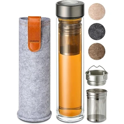 Afbeelding van Cosumy Thermosglas met infuser 500 ml, dubbelwandig glas vilten hoes, hittebestendig, waterdicht, vaatwasmachinebestendig, grijs