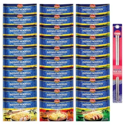 Afbeelding van Asia Gold 30 stuks instant pasta I 10 x rundvlees kip eend 60 g Chinese Aziatische ramen metalen stokjes OYOY