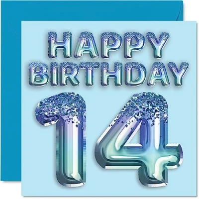 Afbeelding van Verjaardagskaart 14 jaar jongens blauwe glitterfeestballon verjaardagskaarten voor van jaar, kleinzoon, broer, neef, 145 mm x mm, wenskaarten veertien