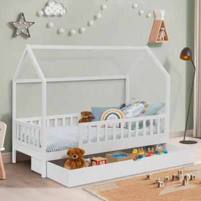 Image de Lit cabane enfant 80 x 160 CM NEREE blanc avec 1 tiroir gigogne et de rangement