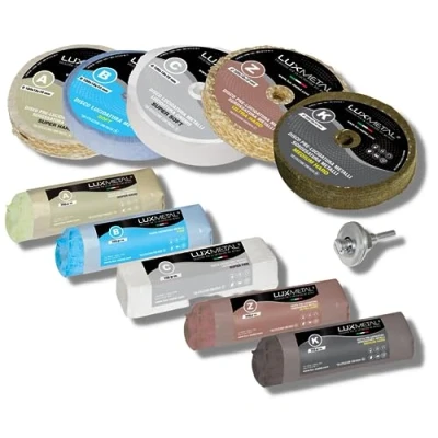 Afbeelding van Lux Metal Set van 5 polijstschijven 100 mm en schuurpasta 250 g Ideaal voor het polijsten metalen zoals aluminium, ijzer, roestvrij staal, messing, koper, goud, marmer