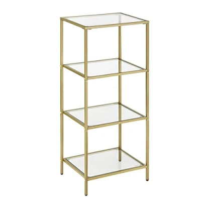 Afbeelding van VASAGLE Glazen rek met 4 niveaus, boekenkast, opbergrek, gehard glas, eenvoudig te monteren, voor badkamer, woonkamer, slaapkamer, kantoor, goud LGT28G