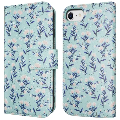 Afbeelding van iMoshion Hoesje Geschikt voor iPhone SE (2022) / (2020) 8 7 6s 6 Met Pasjeshouder Design Bookcase smartphone Blauw Blue Flowers