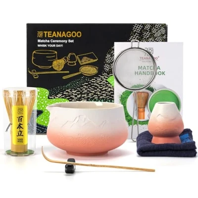 Afbeelding van TEANAGOO Set van 7 Japanse matcha gardes (7 stuks) kom met schenktuit, garde bamboe (chasen), lepel (chashaku), gardehouder, N35, roze en wit kleurverloop