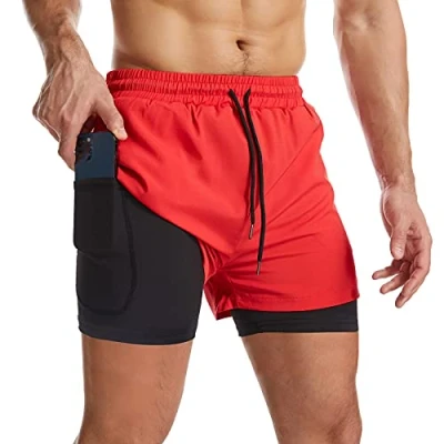 Afbeelding van Danfiki 2 in 1 sportshorts voor heren, ademend, met zakken, sneldrogende sportbroek zak, sportlegging, basislaag stretch
