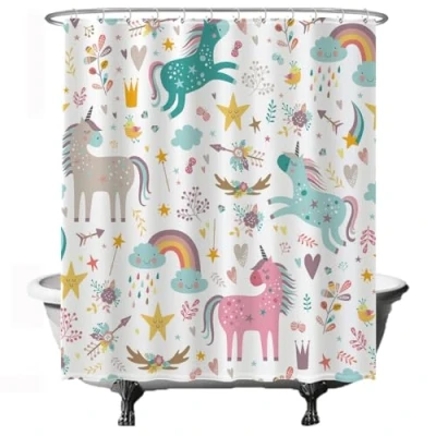 Afbeelding van Ulticool Douchegordijn Unicorn Eenhoorn 180 x 200 cm met 12 ringen wit anti schimmel semi Transparant roze blauw