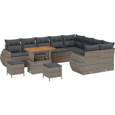 Afbeelding van vidaXL 12 delige tuinset met kussens Grijs Poly Rattan Acacia