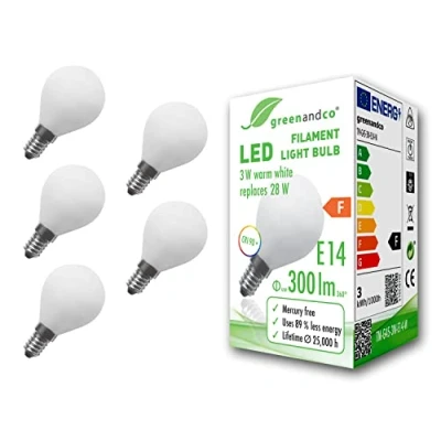 Afbeelding van Greenandco® CRI 90+ led gloeilamp, mat, E14, G45, 3 W (komt overeen met 28 W), 300 lm, 2700 K, warm wit, 360 graden, 230 V AC glas, geen flikkeren