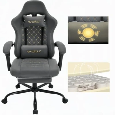 Afbeelding van WOLTU GS07gr Gamingstoel met massage, ergonomische bureaustoel, grote gevoerde computerdraaistoel massagelendenkussen, belasting 150 kg, technologische stof, grijs + geel,