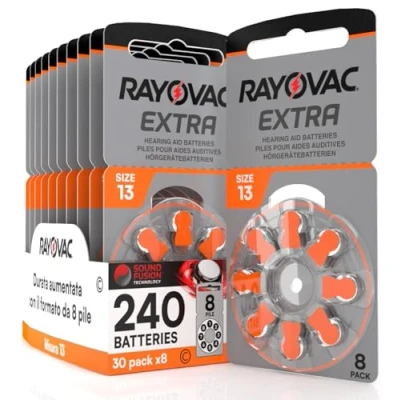 Afbeelding van 240 Rayovac Extra 13 Hearing Aid Batteries. Sound Fusion Technology 30 blisters met 8 batterijen