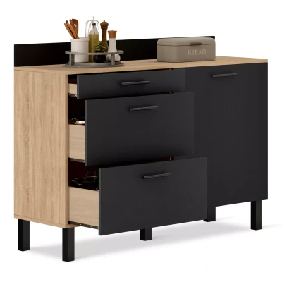 Image de Buffet bas casserolier de cuisine 120 cm CINA plan travail H.83 1 porte + 3 tiroirs façon hêtre et noir