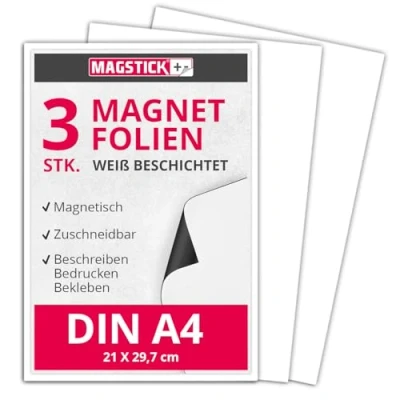 Afbeelding van mag_112 Set van 3 magnetische folie, DIN A4, witte coating, permanent beschrijfbaar, voor auto, vrachtwagen, opbergpaneel, deurpaneel, deurbord